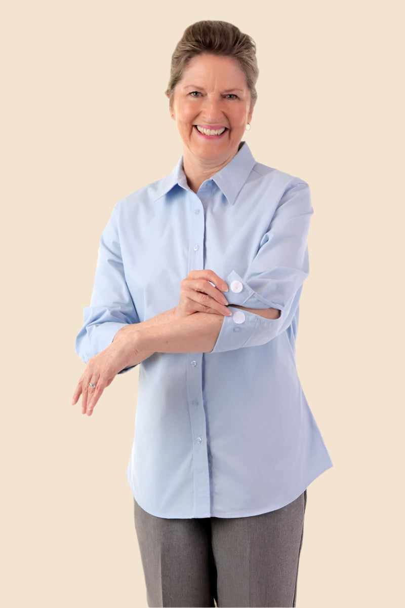 3/4 Sleeve Shirt With VELCRO® Fasteners for women by Buck & Buck in White, and available in different sizes. This tops item is part of our shirts collection.
