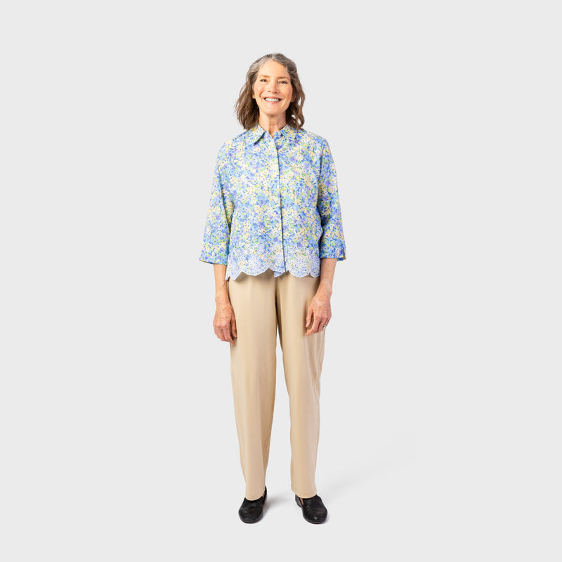 Women's Button Down Blouse With VELCRO® Closures by Alfred Dunner in blue floral and available in different sizes. This top is part of our women's blouses collection.