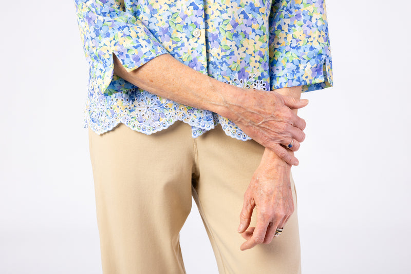 Women's Button Down Blouse With VELCRO® Closures by Alfred Dunner in blue floral and available in different sizes. This top is part of our women's blouses collection.