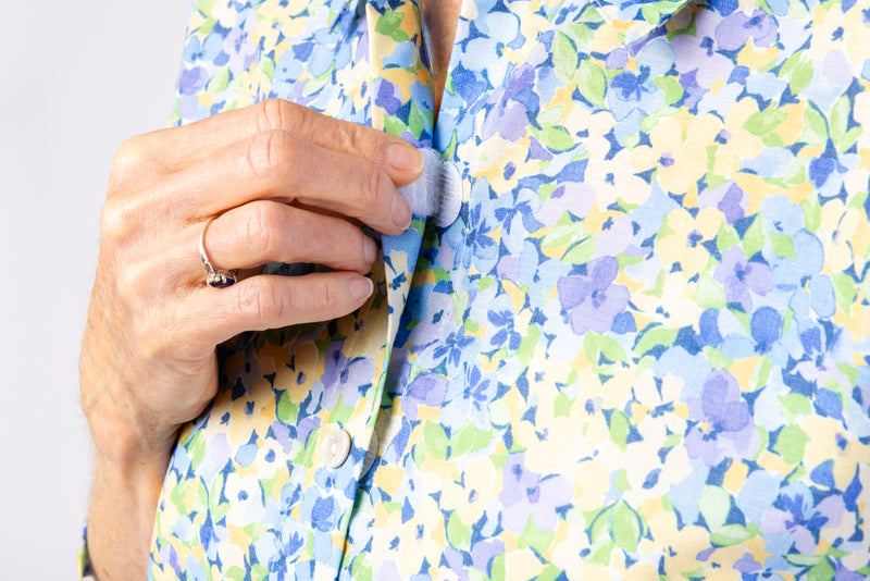 Women's Button Down Blouse With VELCRO® Closures by Alfred Dunner in blue floral and available in different sizes. This top is part of our women's blouses collection.