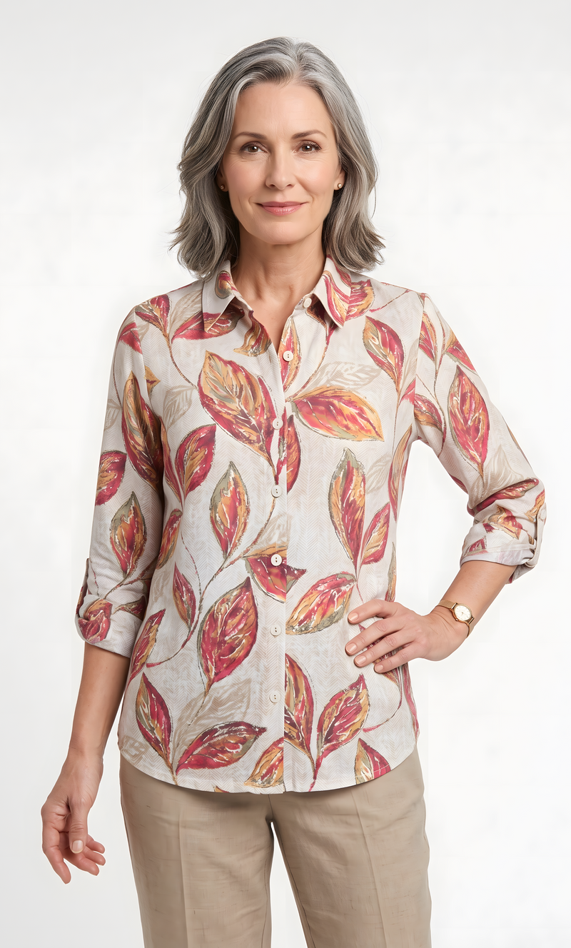Women's Button Down Blouse With VELCRO® Closures by Alfred Dunner in white with red and available in different sizes. This top is part of our women's blouses collection.