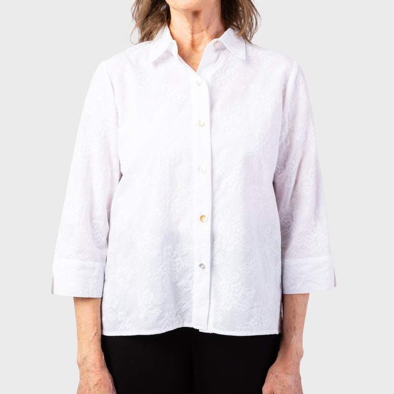 Women's Button Down Blouse With VELCRO® Closures by Alfred Dunner in white with floral embroidery and available in different sizes. This top is part of our women's blouses collection.