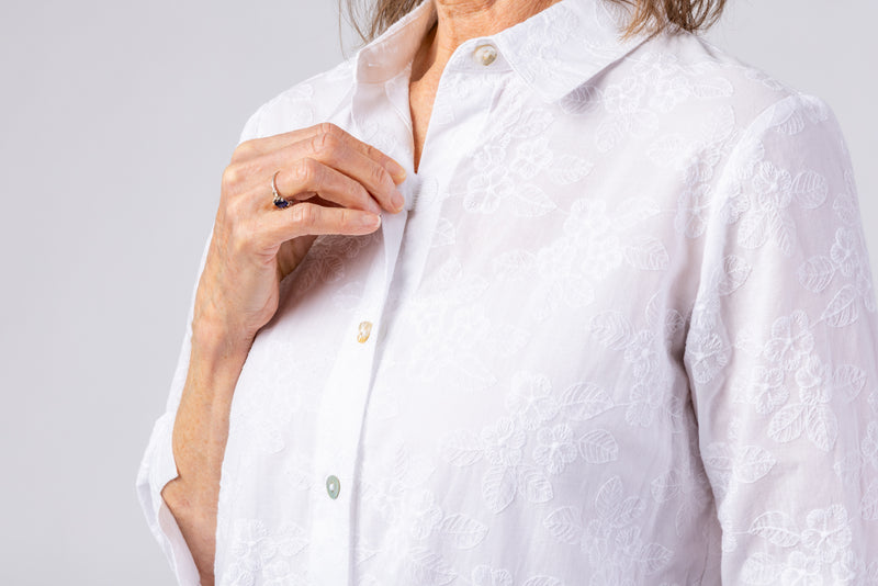 Women's Button Down Blouse With VELCRO® Closures by Alfred Dunner in white with floral embroidery and available in different sizes. This top is part of our women's blouses collection.