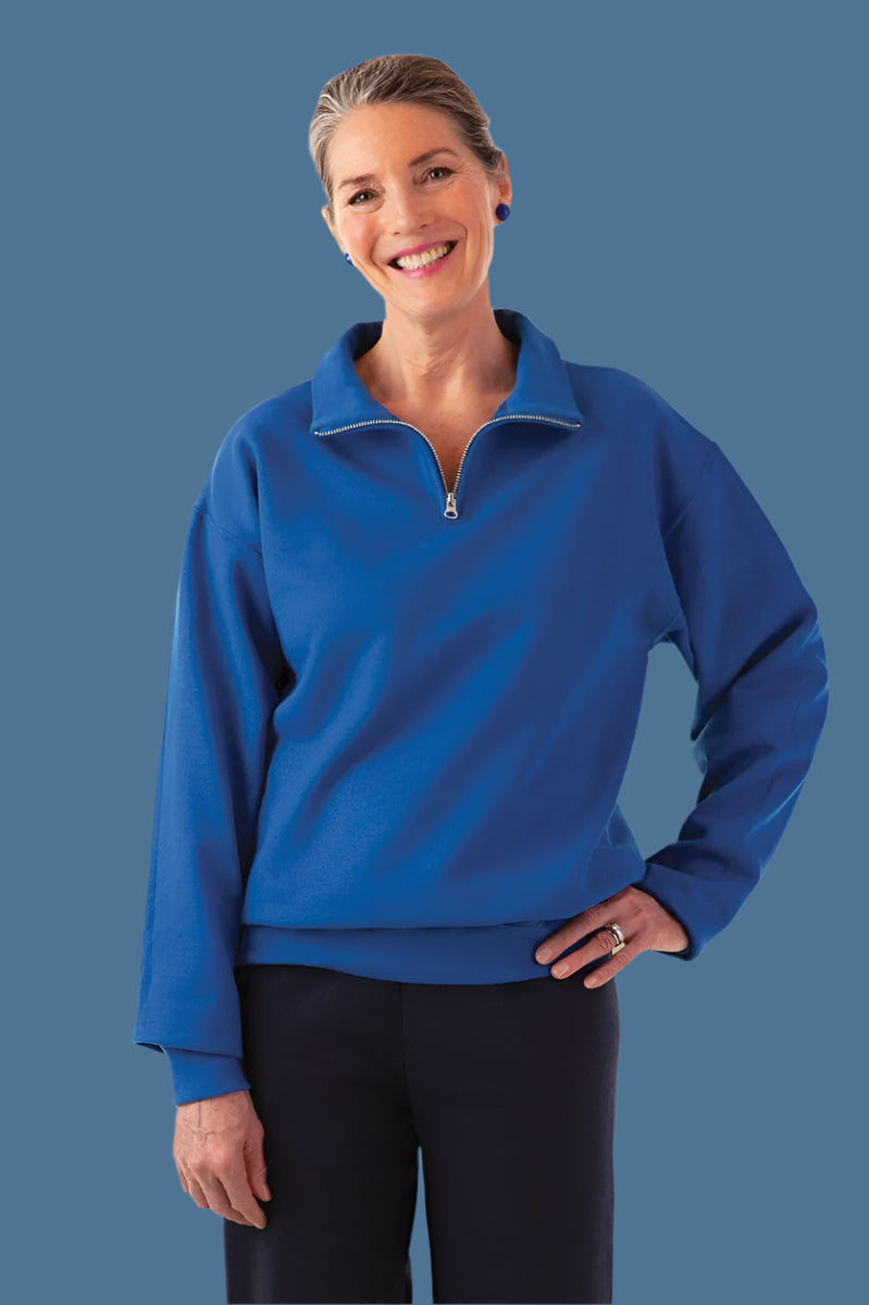 Women's Quarter Zip Sweat Top by Buck & Buck in Navy, and available in different sizes. This tops item is part of our sweatshirts collection.