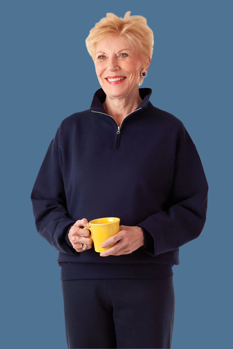 Women's Quarter Zip Sweat Top by Buck & Buck in Navy, and available in different sizes. This tops item is part of our sweatshirts collection.