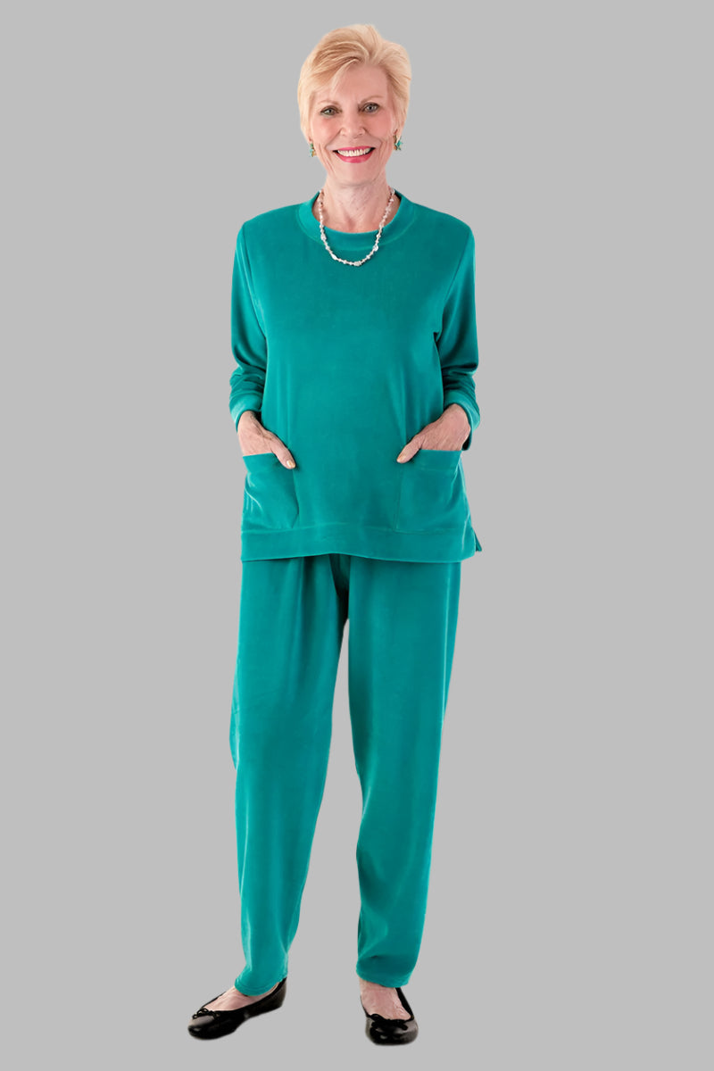 Women's Velour Set With Pockets by Buck & Buck in Jade, and available in different sizes. This one-piece garments item is part of our outfit sets collection.