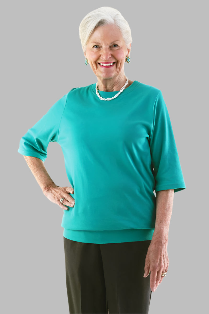 Women's 3/4 Sleeve Banded Bottom Top by Buck & Buck in Turquoise, and available in different sizes. This tops item is part of our blouses collection.