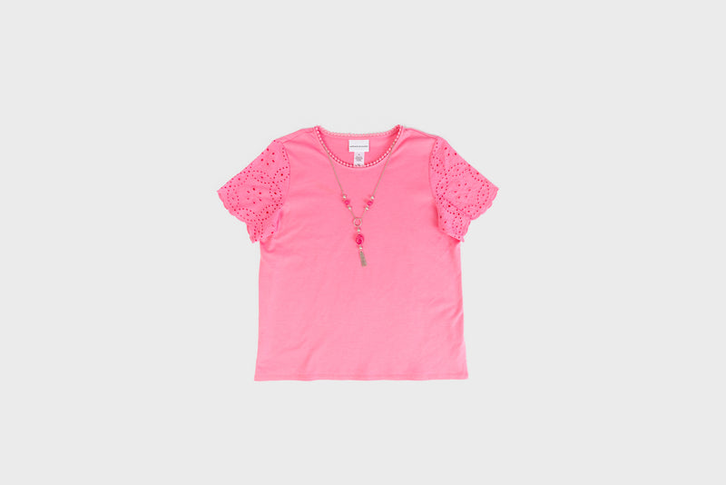 The Women's Short Sleeve Eyelet Top by Alfred Dunner in pink and available in different sizes. This top is part of our women's blouses collection.