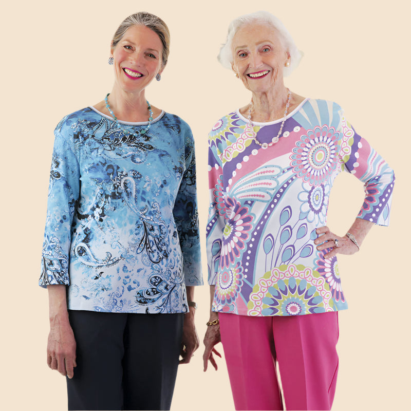 Snap Back Block Printed Knit Top for women by Buck & Buck, and available in different sizes. This tops item is part of our blouses collection.