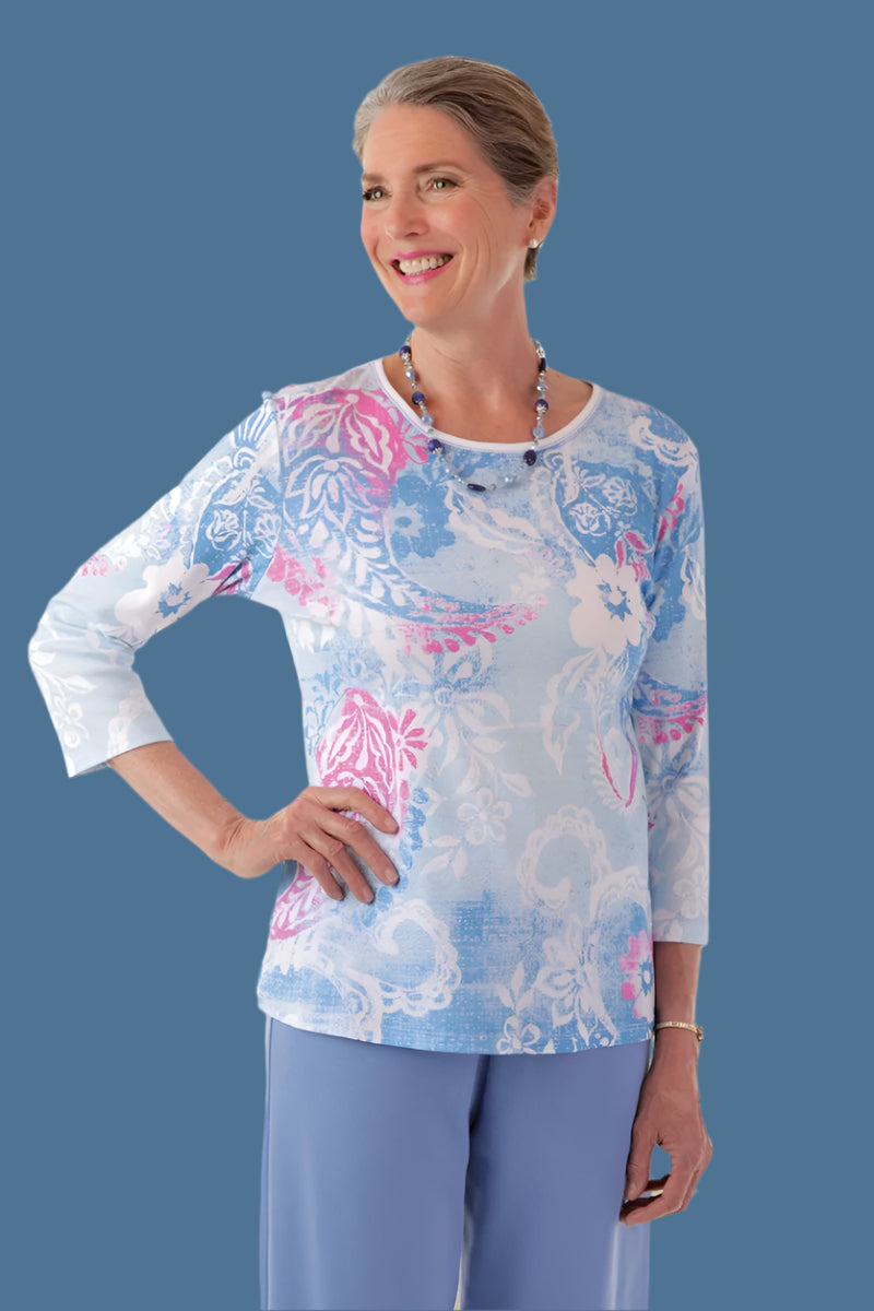 Snap Back Block Printed Knit Top for women by Buck & Buck, and available in different sizes. This tops item is part of our blouses collection.