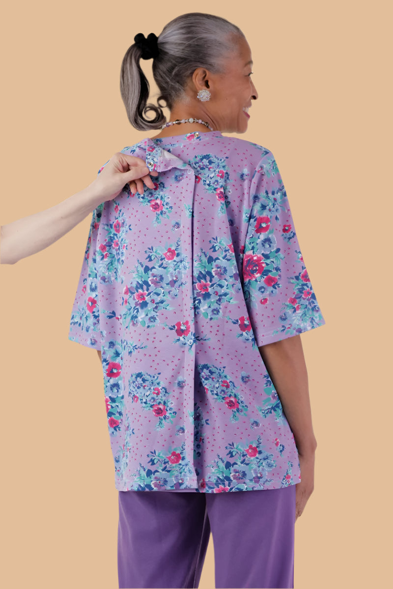 Short Sleeve Wrap Back Printed Knit Top for women by Buck & Buck in Purple, and available in different sizes. This tops item is part of our blouses collection.