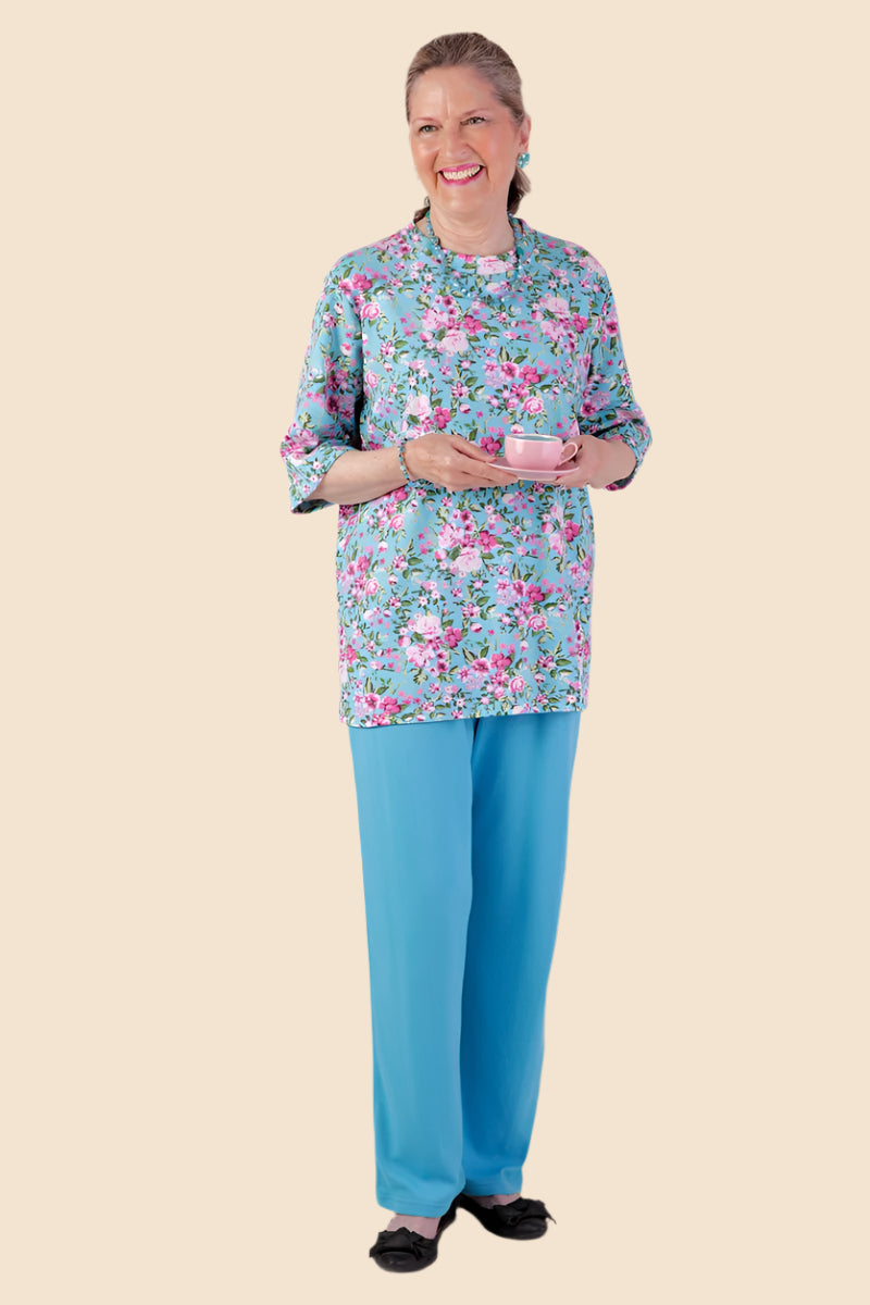 Short Sleeve Wrap Back Printed Knit Top for women by Buck & Buck in Royal, and available in different sizes. This tops item is part of our blouses collection.