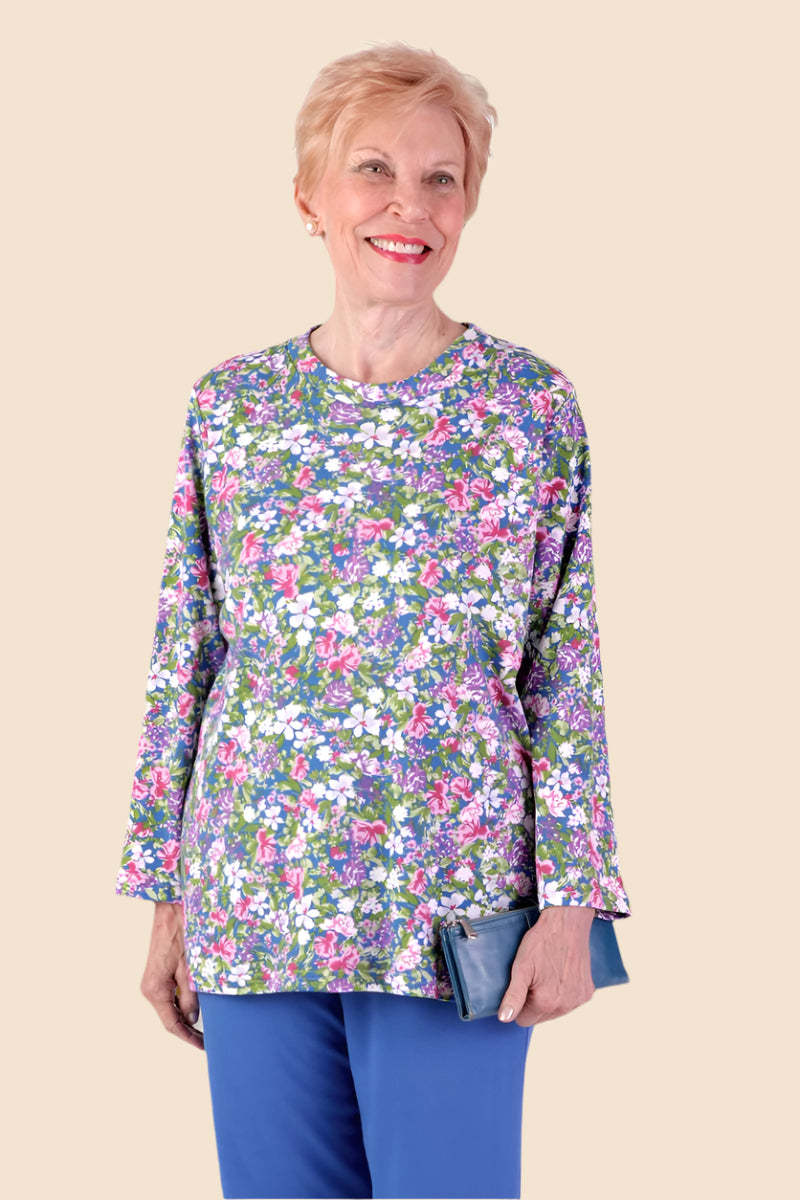 Long Sleeve Wrap Back Printed Knit Top for women by Buck & Buck in Royal, and available in different sizes. This tops item is part of our tunics collection.