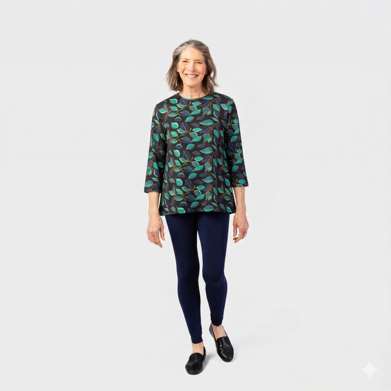 Women's Wrap Back Tunic by Buck & Buck in turquoise leaves, and available in different sizes. This wrap back item is part of our tops collection.