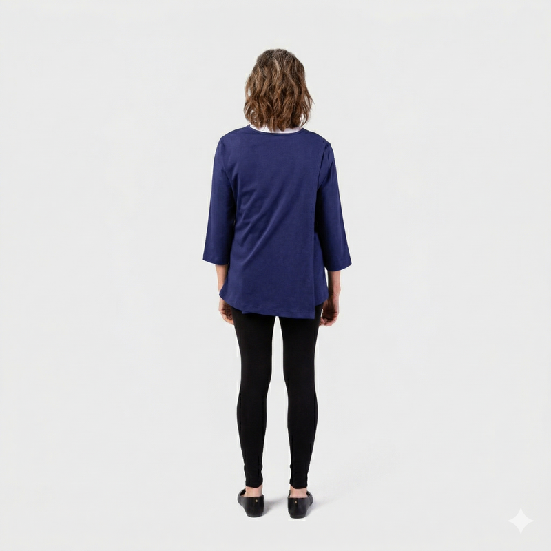 Women's Wrap Back Tunic by Buck & Buck in navy, and available in different sizes. This wrap back item is part of our tops collection