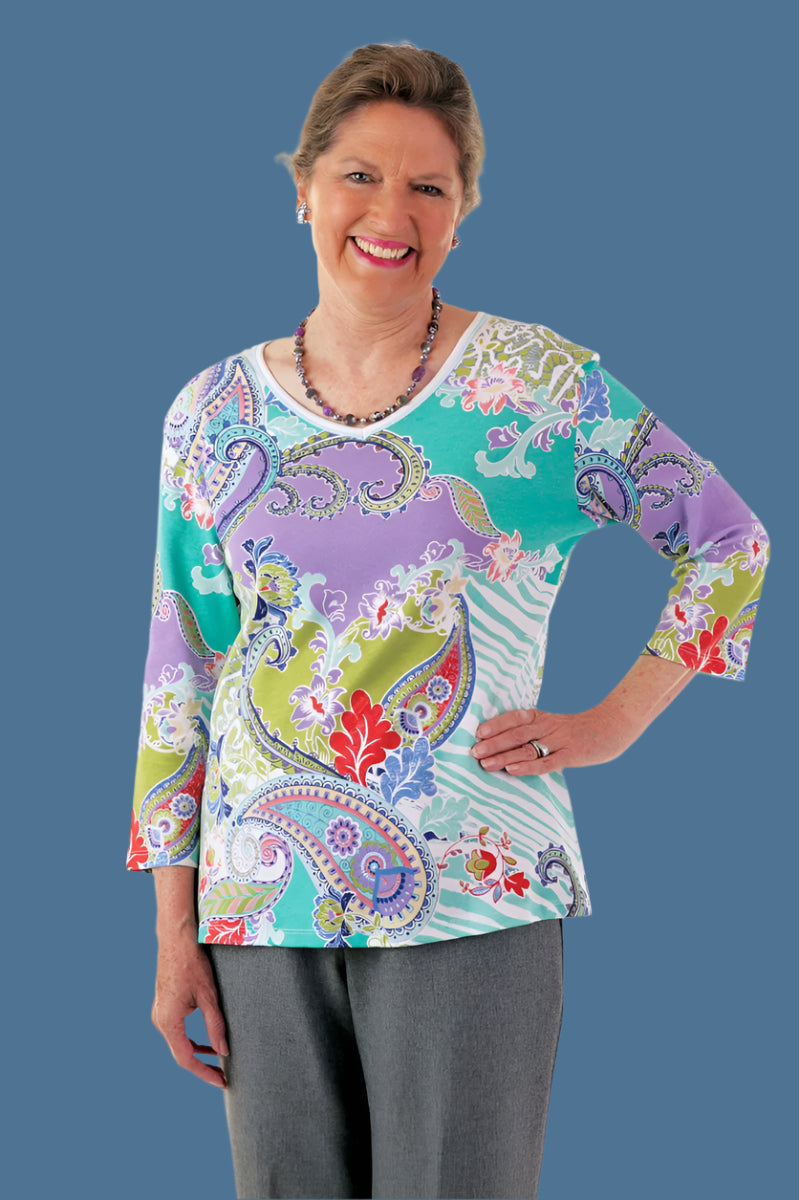 Block Print Knit Top for women by Buck & Buck, and available in different sizes. This tops item is part of our t-shirts collection.