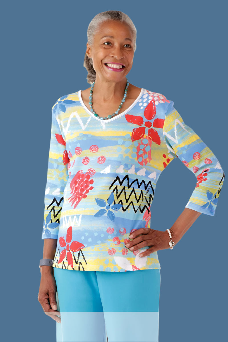 Block Print Knit Top for women by Buck & Buck, and available in different sizes. This tops item is part of our t-shirts collection.