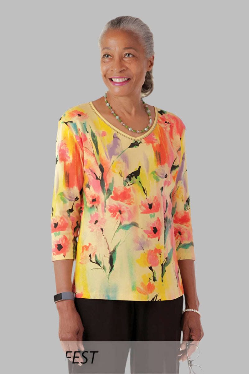 Block Print Knit Top for women by Buck & Buck in Tan/Beige, and available in different sizes. This tops item is part of our t-shirts collection.