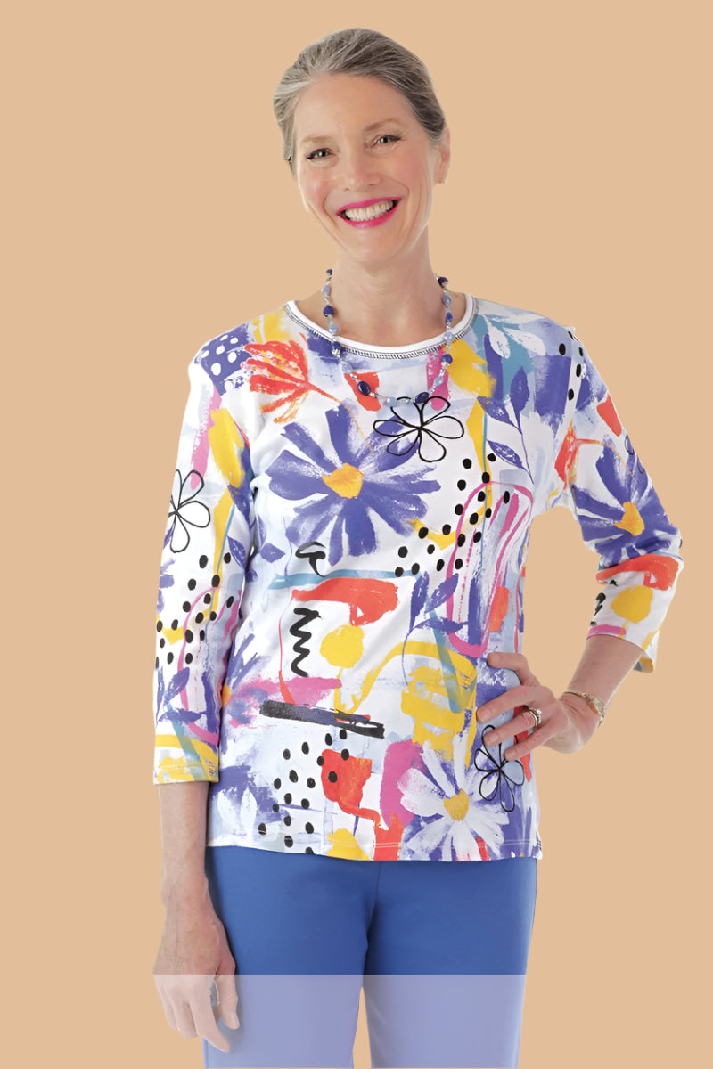 Block Print Knit Top for women by Buck & Buck in White, and available in different sizes. This tops item is part of our t-shirts collection.