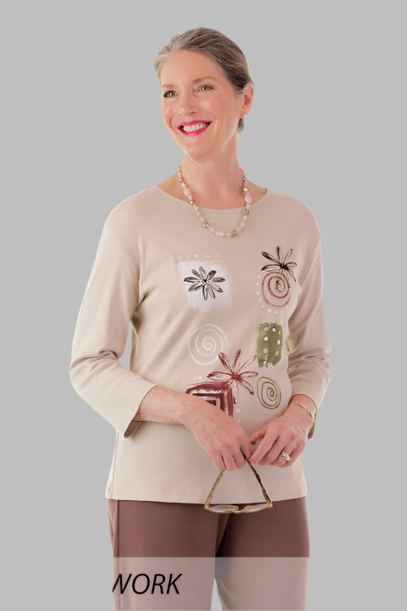 Block Print Knit Top for women by Buck & Buck in Tan/Beige, and available in different sizes. This tops item is part of our t-shirts collection.