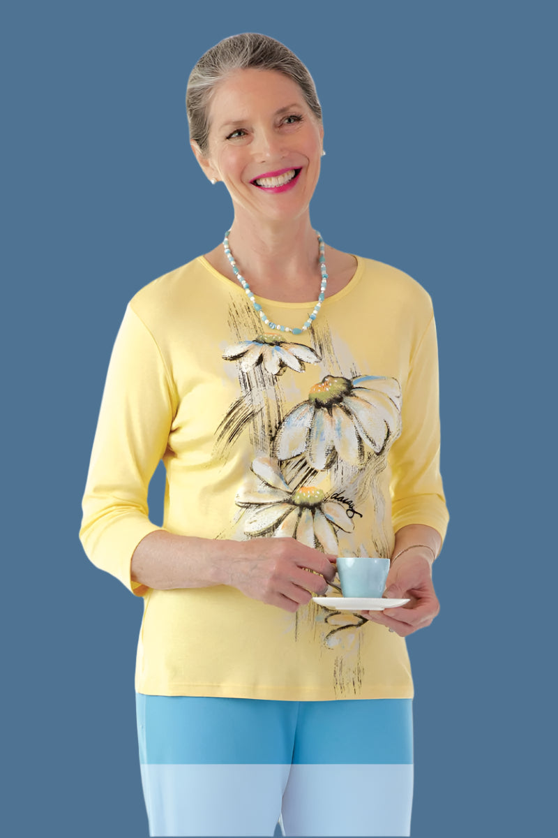 Block Print Knit Top for women by Buck & Buck in Yellow, and available in different sizes. This tops item is part of our t-shirts collection.