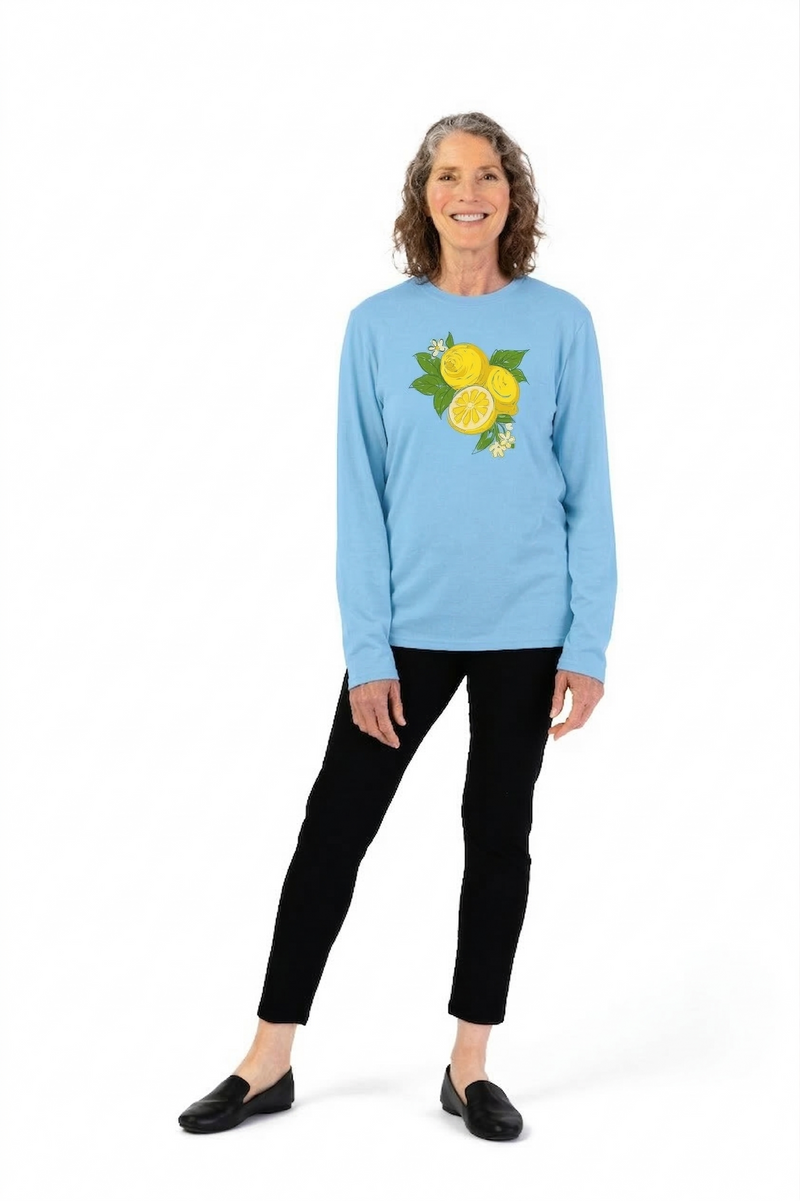 Women's Long Sleeve Printed T-Shirt by Buck & Buck in blue with lemons, and available in different sizes. This tops item is part of our t-shirts collection.