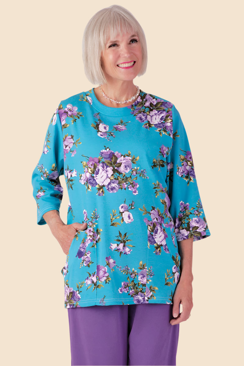 Printed Moon Pocket Wrap Back Top for women by Buck & Buck in Blue, and available in different sizes. This tops item is part of our blouses collection.
