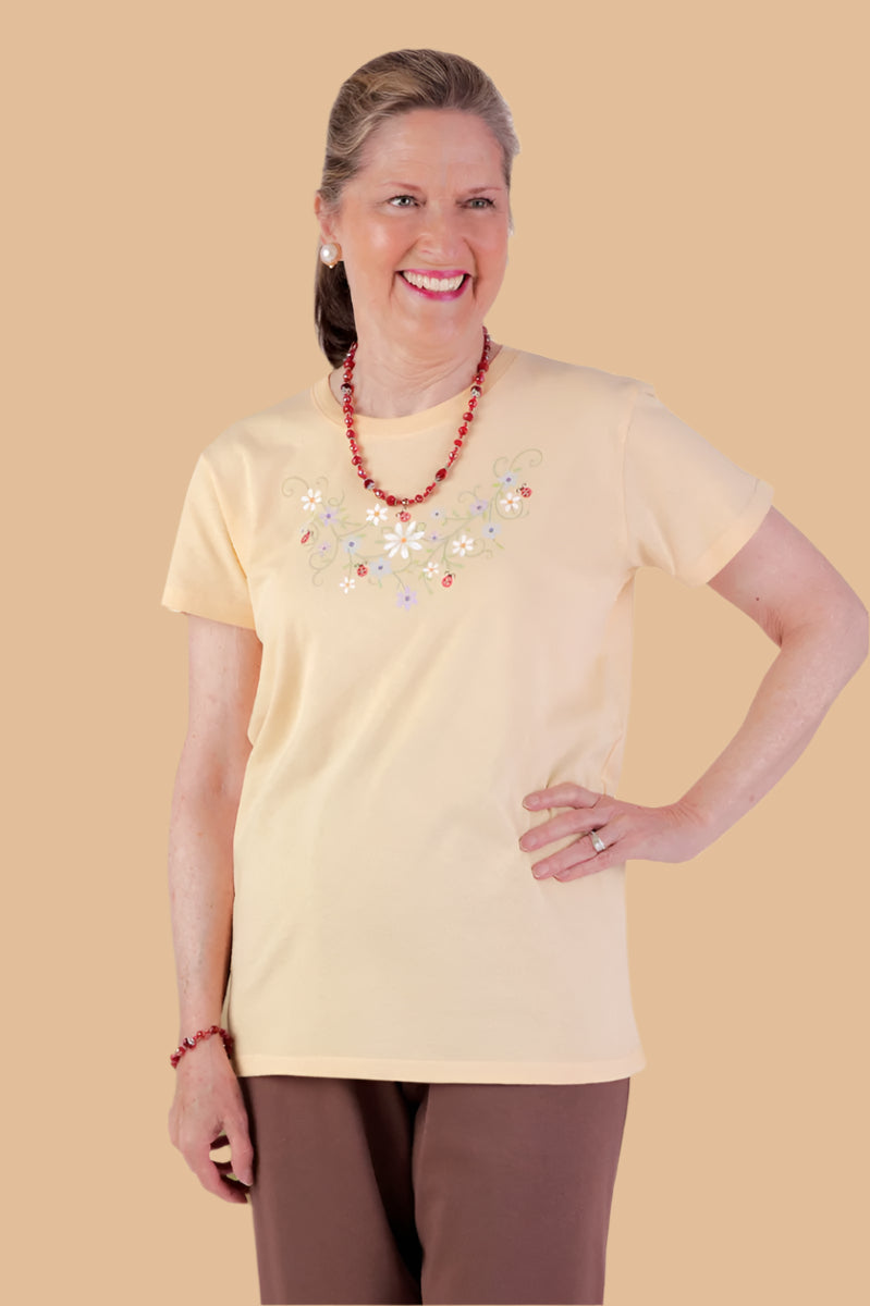 Women's Printed T-Shirt by Buck & Buck in Yellow, and available in different sizes. This tops item is part of our t-shirts collection.