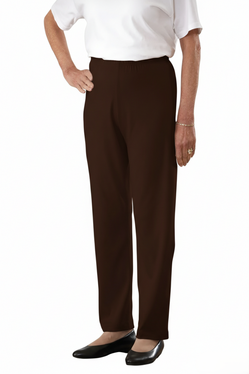 Women's Cotton/Poly Knit Pants by Buck & Buck in Brown, and available in different sizes. This bottoms item is part of our trousers collection.