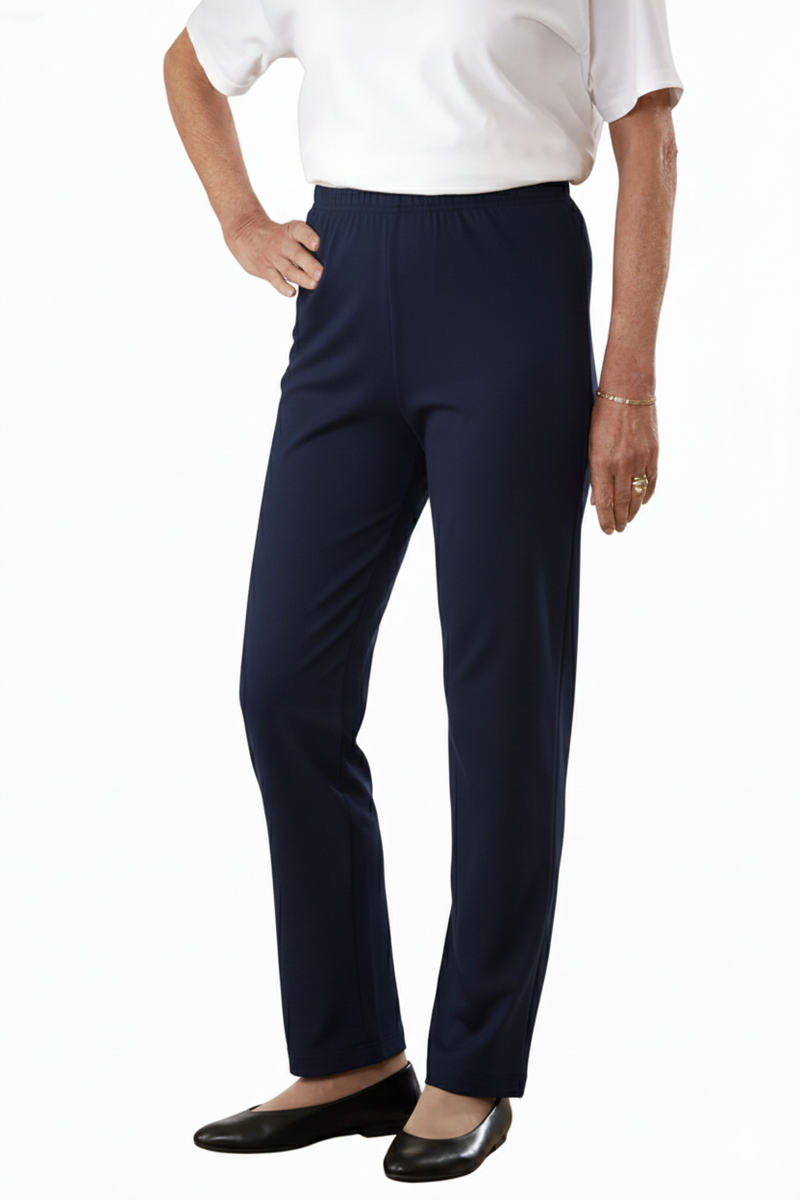 Women's Cotton/Poly Knit Pants by Buck & Buck in Navy, and available in different sizes. This bottoms item is part of our trousers collection.