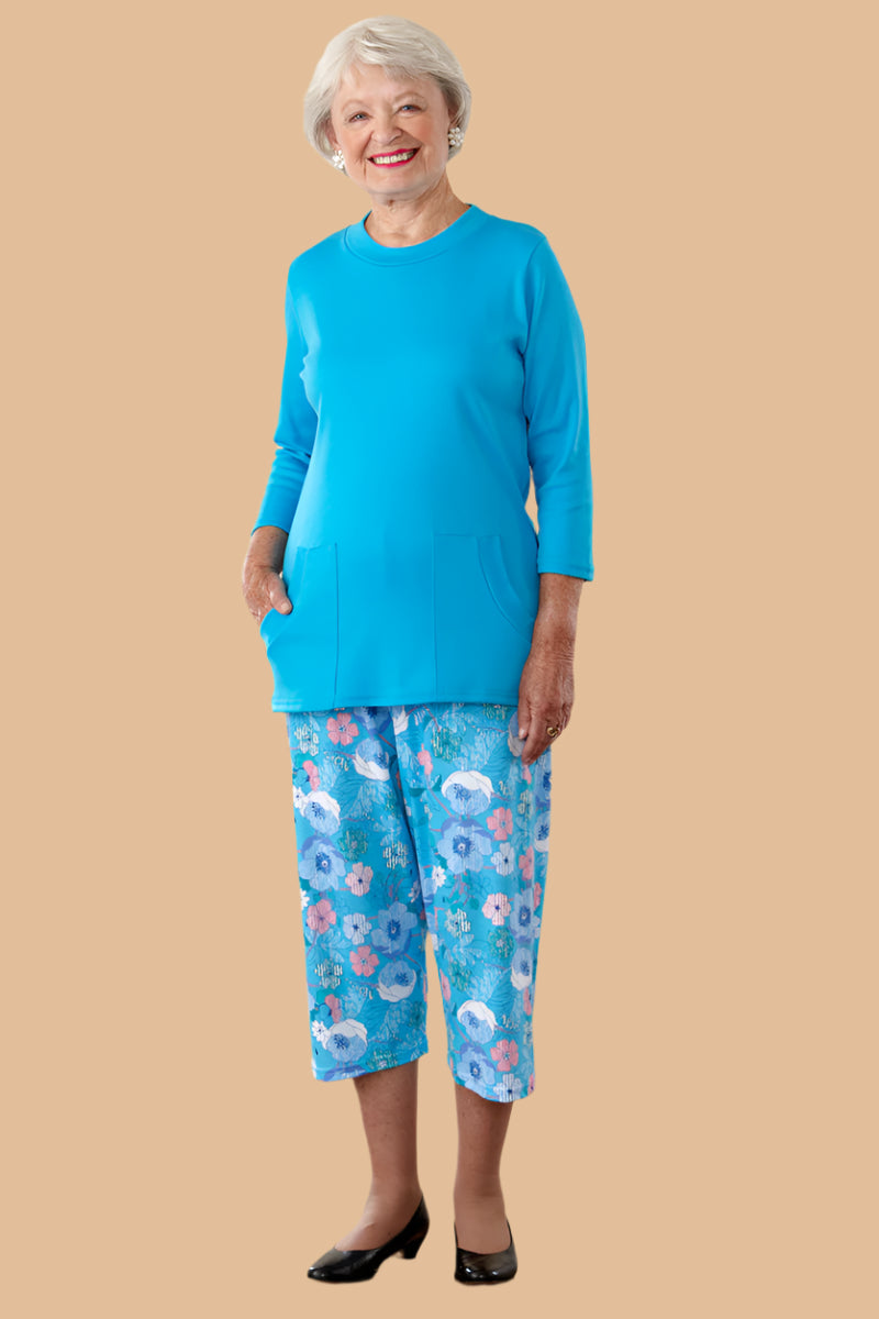 Printed Capri Knit Pants for women by Buck & Buck in Blue, and available in different sizes. This bottoms item is part of our trousers collection.