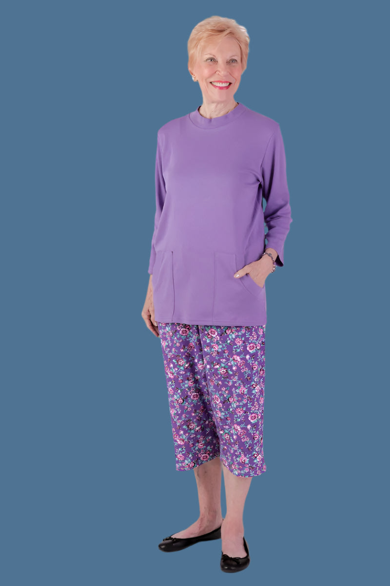 Printed Capri Knit Pants for women by Buck & Buck in Purple, and available in different sizes. This bottoms item is part of our trousers collection.