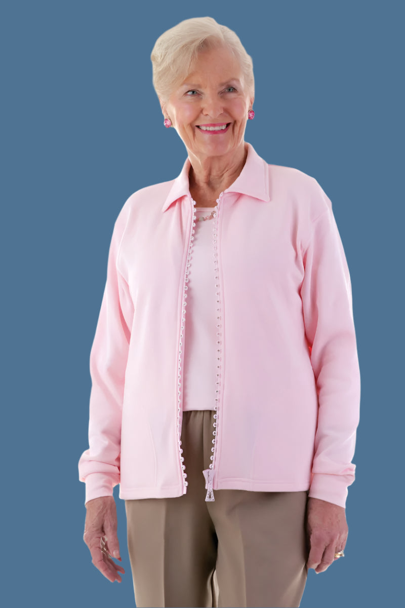 Sparkle Zipper Cardigan for women by Buck & Buck in Pink, and available in different sizes. This tops item is part of our cardigans collection.
