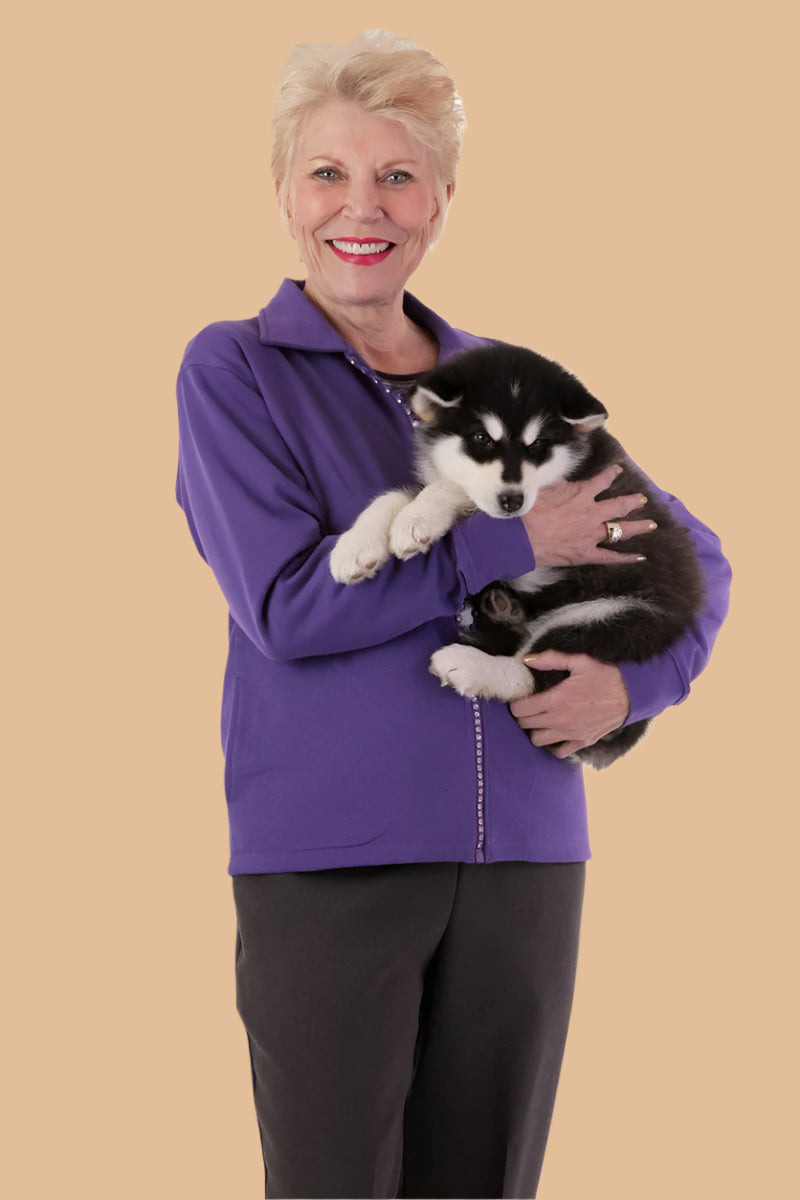 Sparkle Zipper Cardigan for women by Buck & Buck in Purple, and available in different sizes. This tops item is part of our cardigans collection.