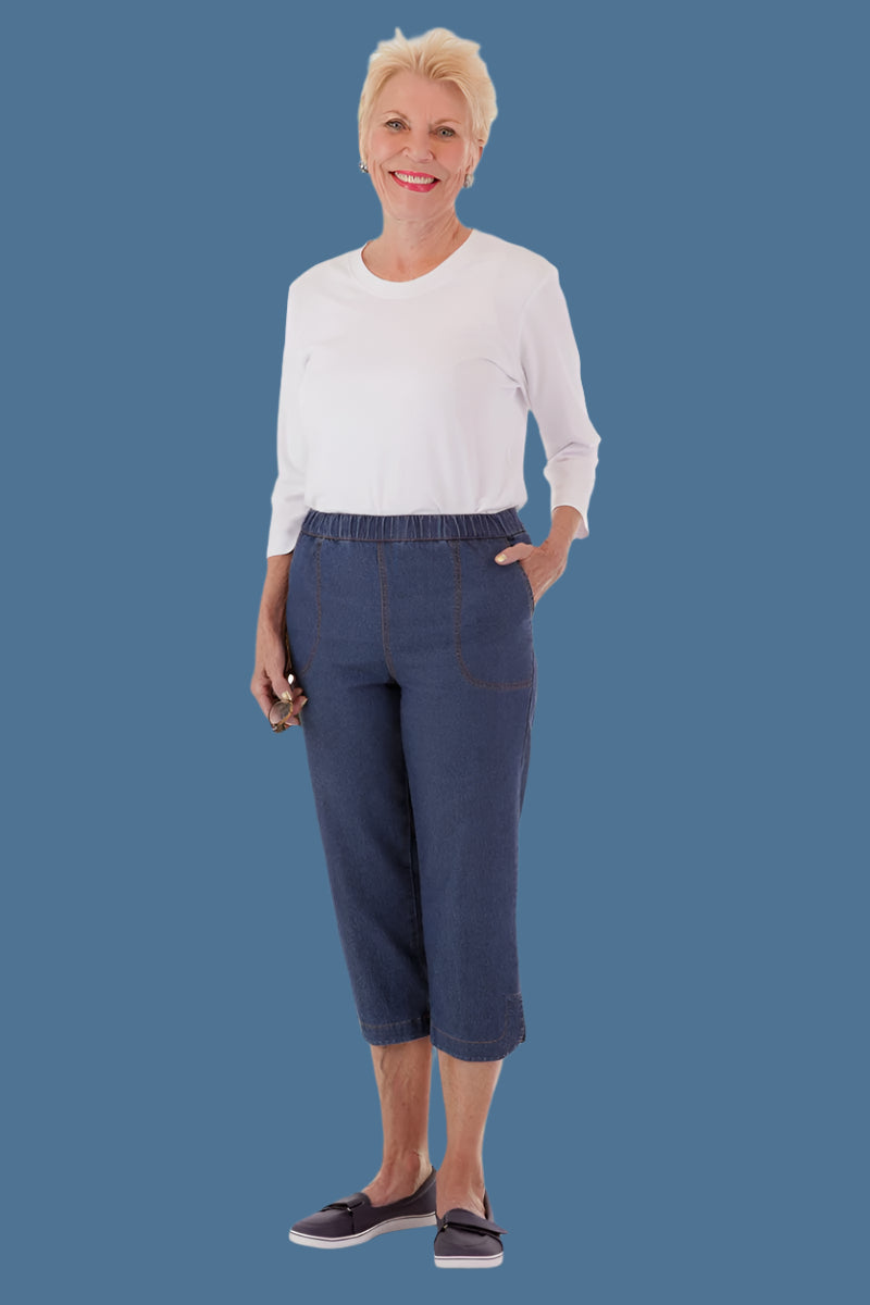 Denim Capri Pants for women by Buck & Buck in Denim, and available in different sizes. This bottoms item is part of our pants collection.