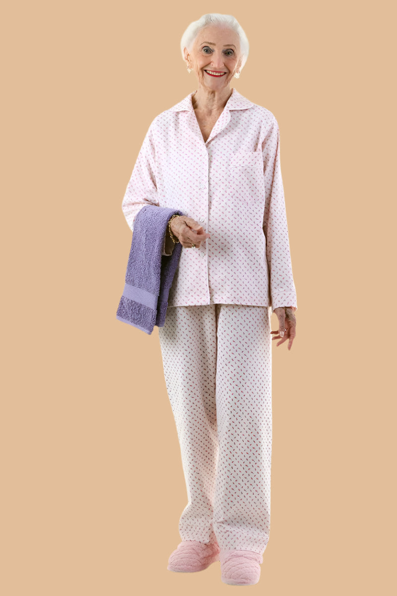 Women's Flannel Pajamas by Buck & Buck in Pink, and available in different sizes. This sleepwear item is part of our pajamas collection.