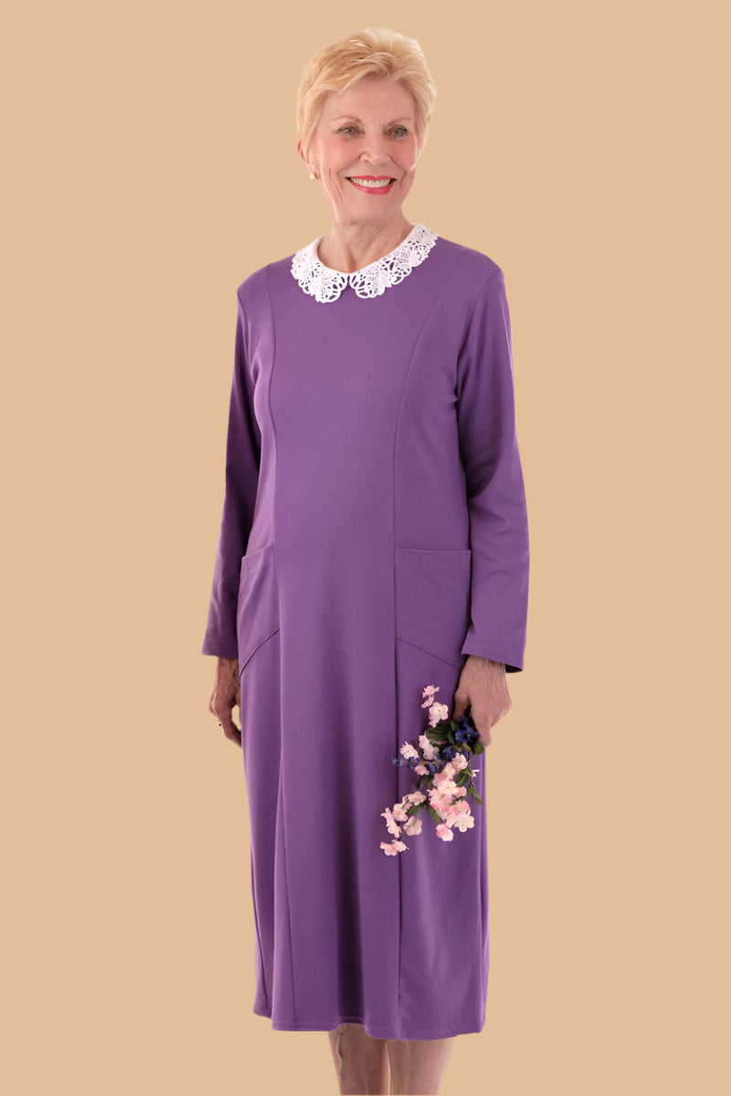 Lace Collar Knit Snap Back Dress for women by Buck & Buck in Purple, and available in different sizes. This dresses & skirts item is part of our dresses collection.