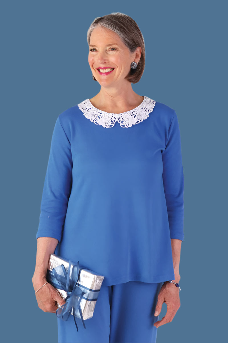 Knit Flare Top With Lace Collar for women by Buck & Buck in Royal, and available in different sizes. This tops item is part of our blouses collection.