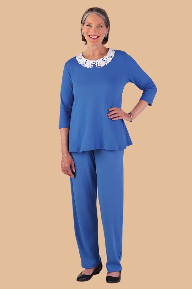 Knit Flare Top With Lace Collar for women by Buck & Buck in Royal, and available in different sizes. This tops item is part of our blouses collection.