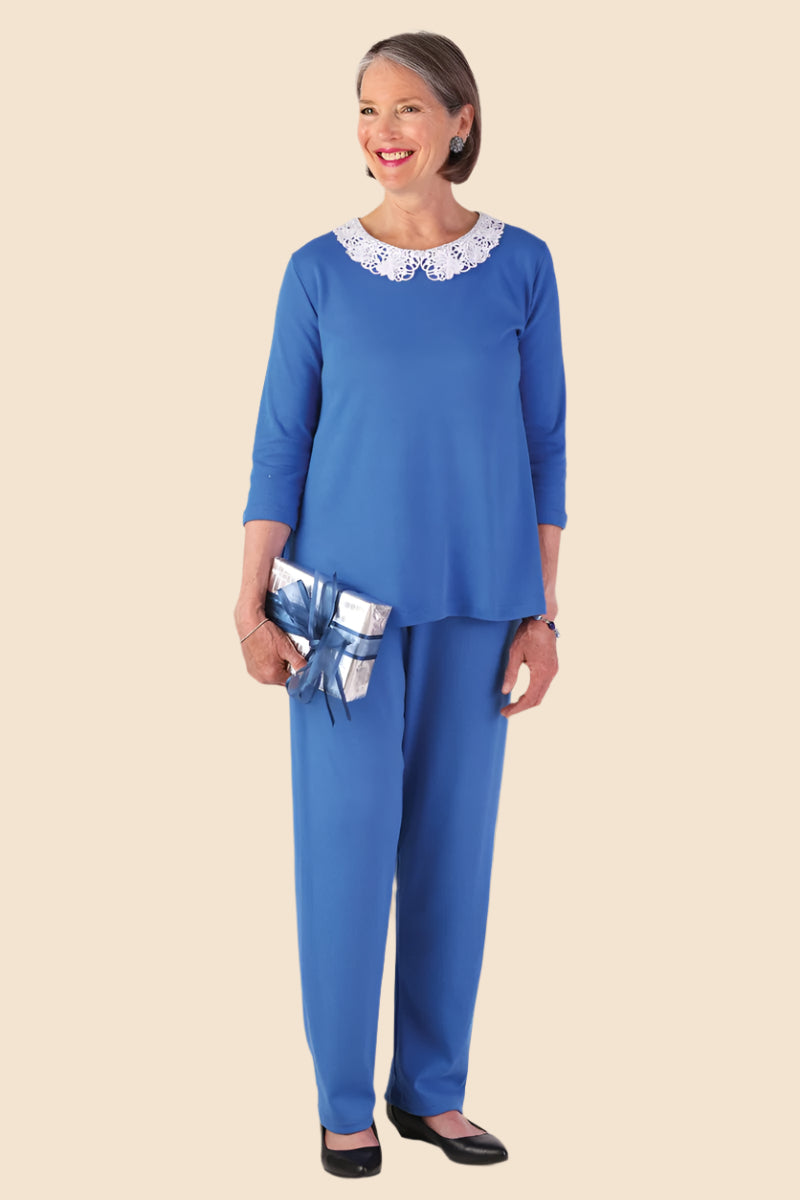 Knit Flare Top With Lace Collar for women by Buck & Buck in Royal, and available in different sizes. This tops item is part of our blouses collection.