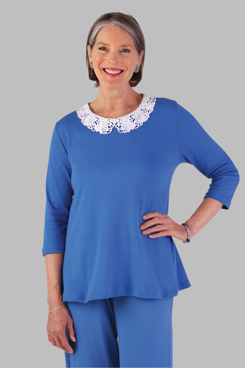 Knit Flare Top With Lace Collar for women by Buck & Buck in Royal, and available in different sizes. This tops item is part of our blouses collection.