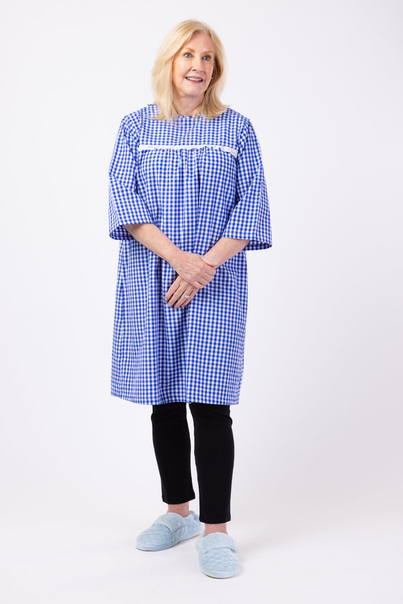 Cotton/Poly Open Back Nightgown for women by Buck & Buck in royal Gingham, and available in different sizes. This sleepwear item is part of our nightgowns collection.