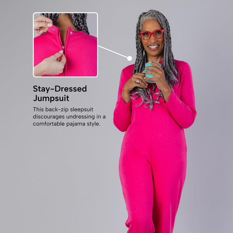 Women's solid long back-zip sleep suit by Buck & Buck in Fuchsia, and available in different sizes. This one piece garment item is part of our sleepwear collection