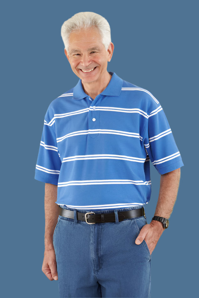 Men's Short Sleeve Polo Shirt by Buck & Buck in Medium Blue, and available in different sizes. This tops item is part of our polos collection.