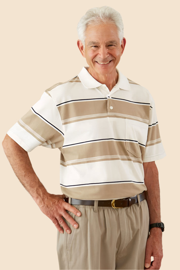 Men's Short Sleeve Polo Shirt by Buck & Buck in Tan/Beige, and available in different sizes. This tops item is part of our polos collection.