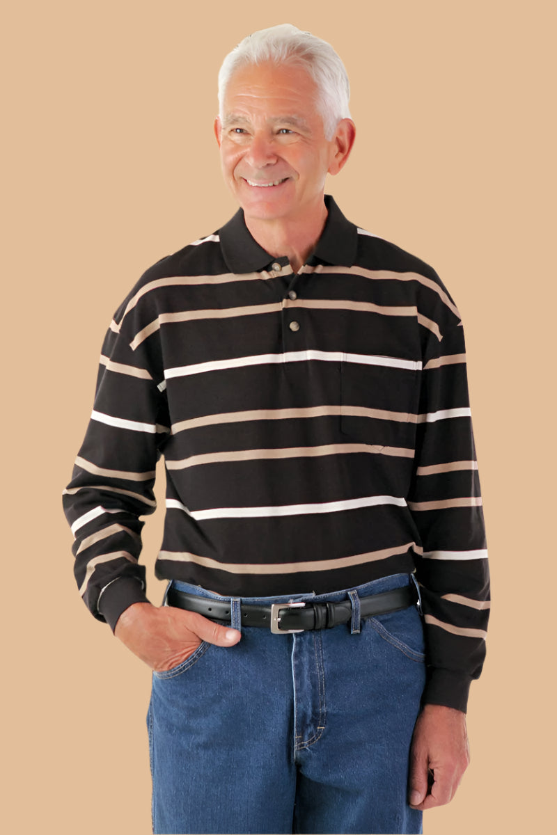 Men's Long Sleeve Polo Shirt by Buck & Buck in black Stripes, and available in different sizes. This tops item is part of our polos collection.