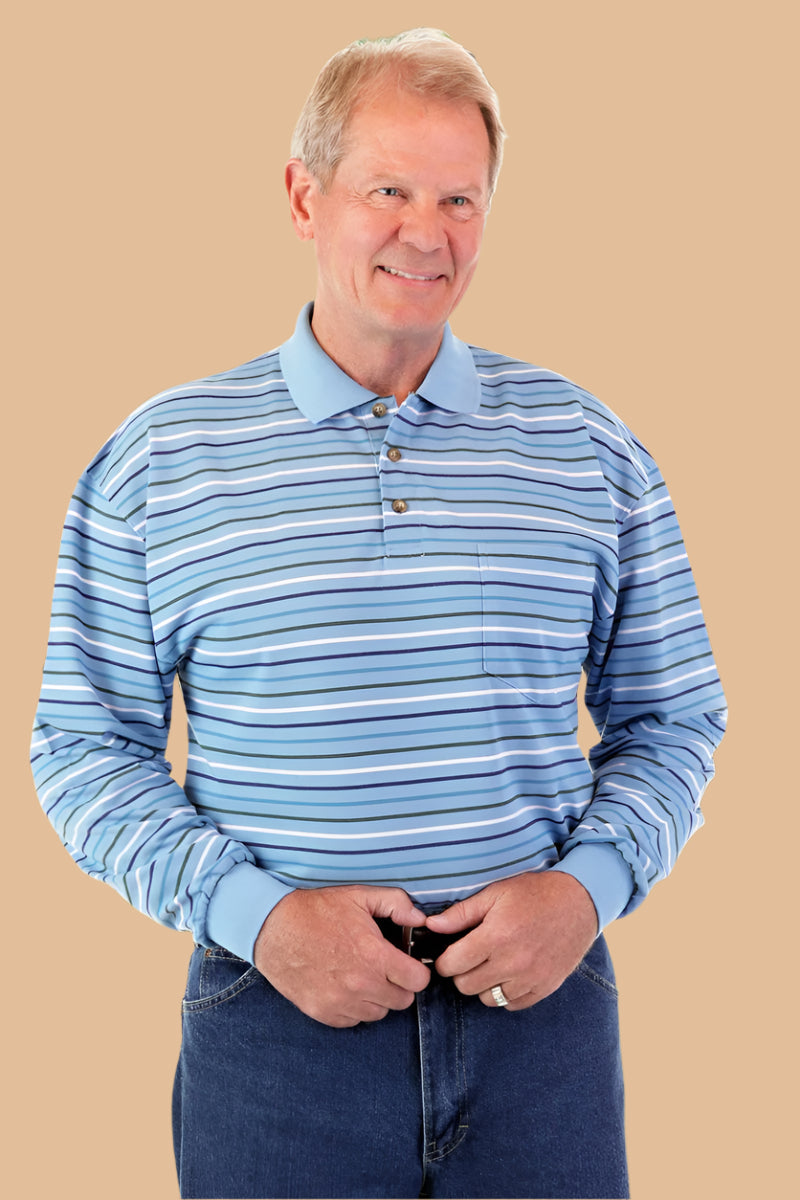 Men's Long Sleeve Polo Shirt by Buck & Buck in Medium Blue Stripes, and available in different sizes. This tops item is part of our polos collection.