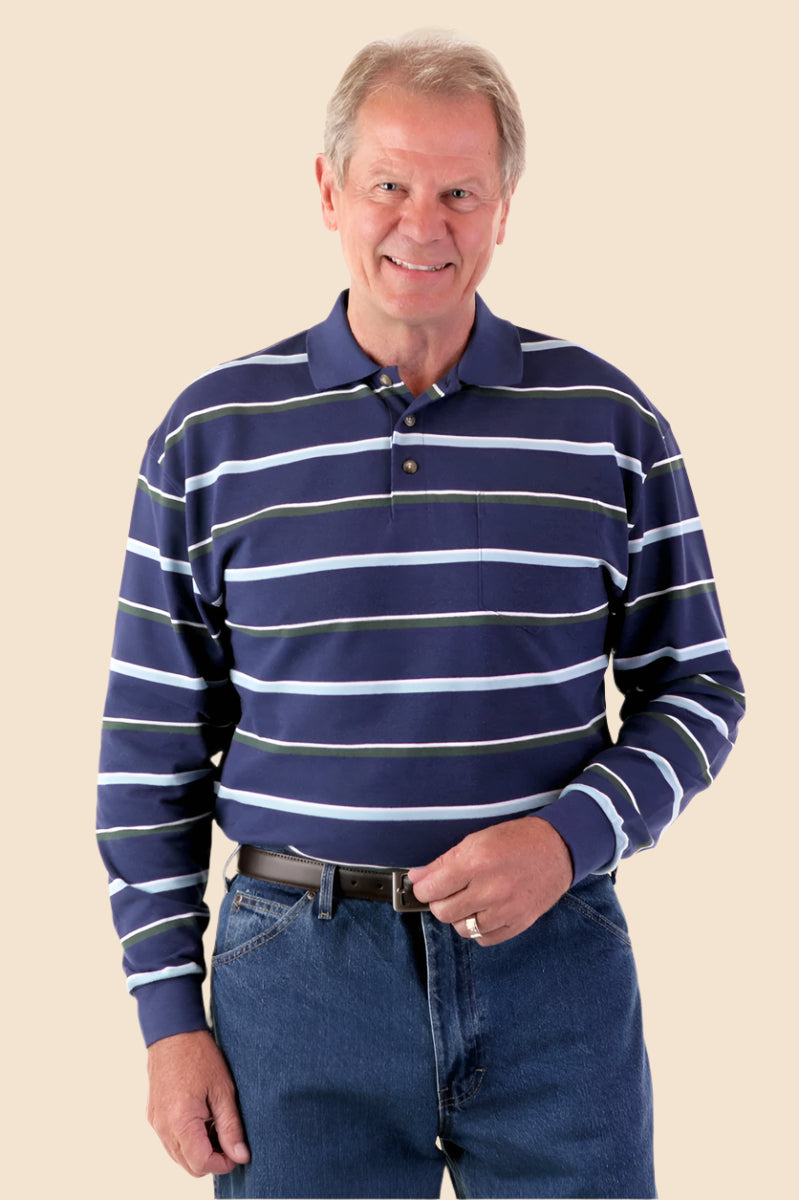 Men's Long Sleeve Polo Shirt by Buck & Buck in navy stripes, and available in different sizes. This tops item is part of our polos collection.