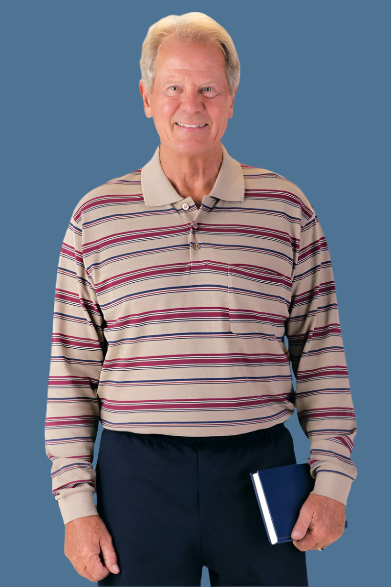 Men's Long Sleeve Polo Shirt by Buck & Buck in tan/beige Stripes, and available in different sizes. This tops item is part of our polos collection.