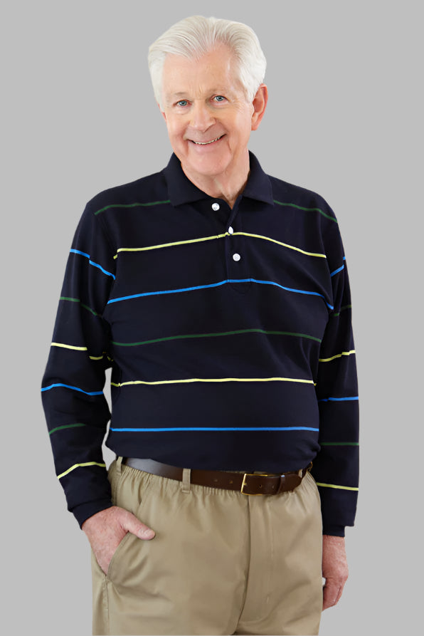 Men's Long Sleeve Polo Shirt by Buck & Buck in Black Stripes, and available in different sizes. This tops item is part of our polos collection.